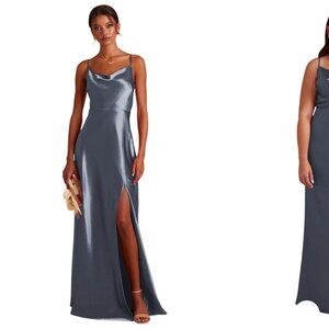 Birdy Grey NWT Lisa Long Shiny Satin Dress Dusty Blue Size L
